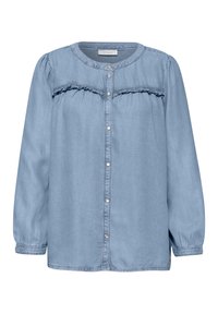 Blouse en denim bleu clair à manches longues avec encolure ronde, boutons-pression sur le devant, empiècement froncés et poignets de manches froncés.