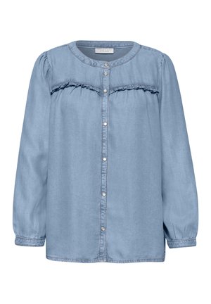 Blouse en denim bleu clair à manches longues avec encolure ronde, boutons-pression sur le devant, empiècement froncés et poignets de manches froncés.