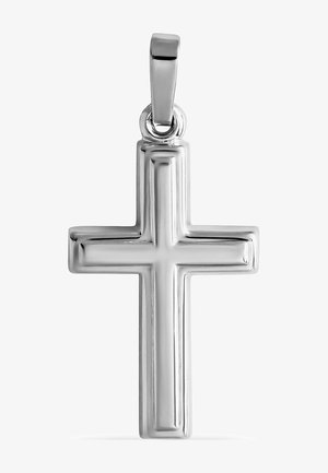 Zilveren kruis hanger met een gepolijste afwerking. Heeft een symmetrisch ontwerp en een lus voor bevestiging. Compacte en gladde textuur.