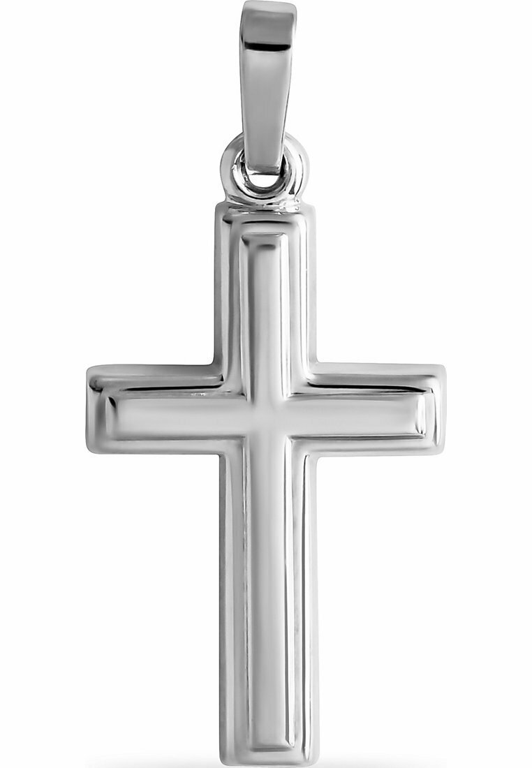 Ciondolo a forma di croce in argento con finitura lucida. Presenta un design simmetrico e un asola per il fissaggio. Texture compatta e liscia.