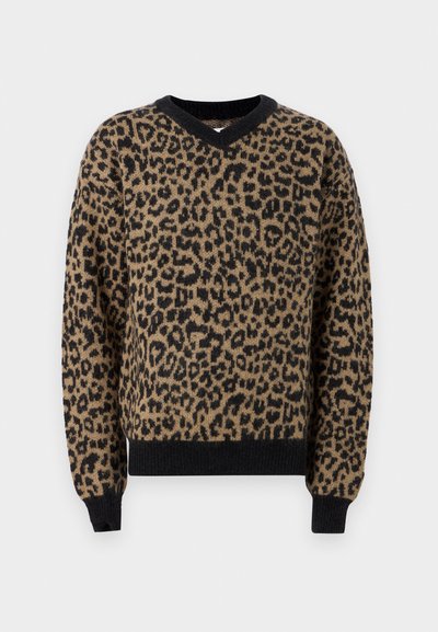 Brown and black leopard print sweater with a V-neck, long sleeves, and ribbed hem. Soft texture with a relaxed fit.