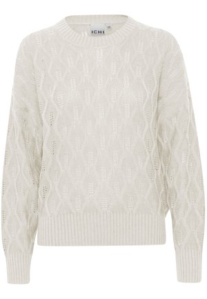 Light cream cable-knit sweater with a round neckline, loose fit, ribbed cuffs and hem, featuring a textured pattern in the fabric.