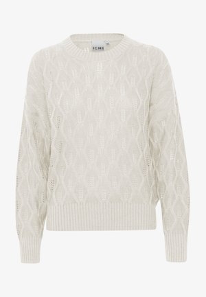 Helles Creme Kabelstrickpullover mit Rundhalsausschnitt, lockerem Schnitt, gerippten Bündchen und Saum, der ein strukturiertes Muster im Material aufweist.