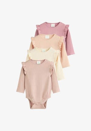 Set aus vier langärmeligen Body in geripptem Design in sanftem Rosa, zartem Rosa, Creme und Mauve, mit Rüschenakzenten an den Schultern und Druckknopfverschluss.