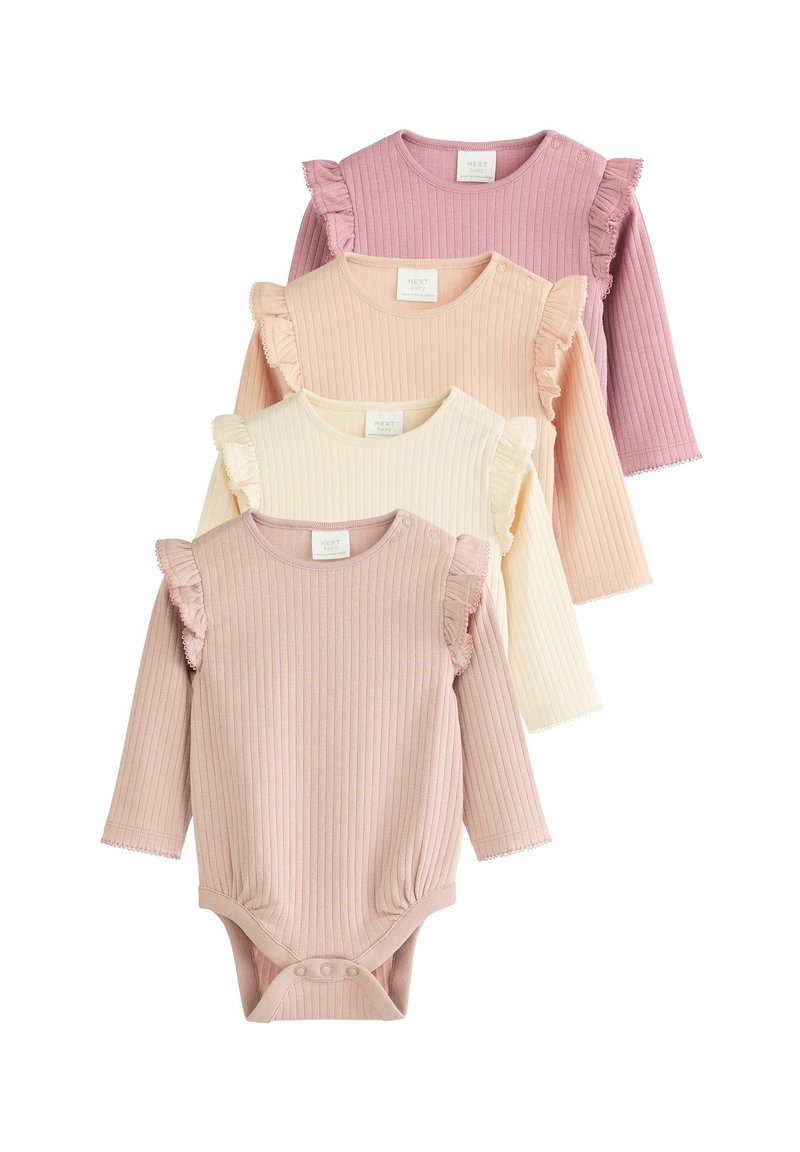 Sæt af fire ribbede langærmede bodystockings i blød pink, lys pink, creme og mauve, med flæsedetaljer på skuldrene og trykknaplukninger.