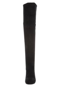 Over-the-knee black suede boot with a smooth texture and rounded toe, featuring a fitted silhouette and no visible hardware or accents.