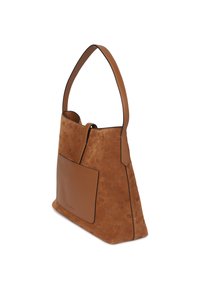 Hnědá semišová kabelka s hladkým koženým akcentem, vybavená jedním ramenním popruhem, přední kapsou a zúženým siluetou.