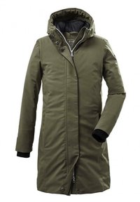 Parka verte olive avec capuche, dotée d'une fermeture éclair à l'avant, de boutons-pression et de poignets élastiques. Matériau extérieur lisse et résistant aux intempéries.