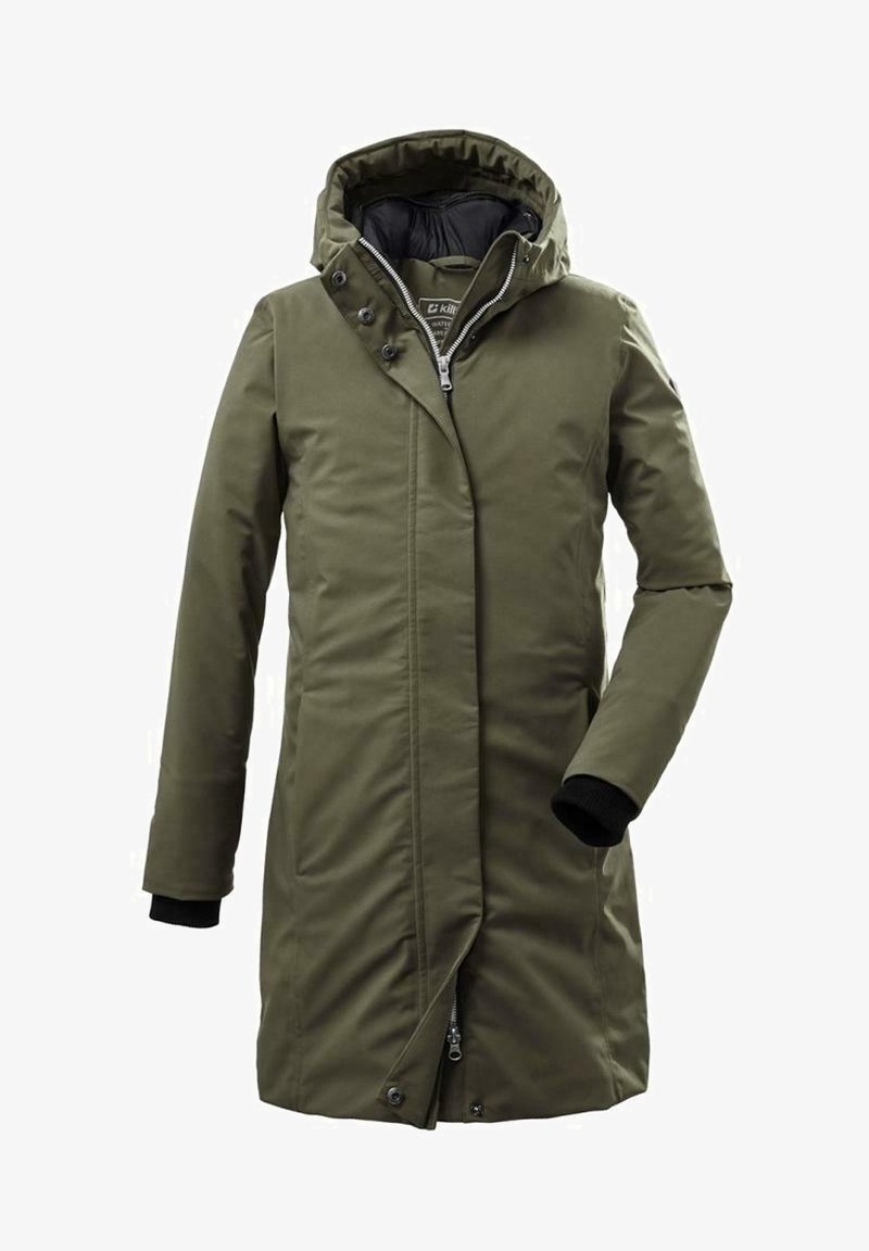 Parka verte olive avec capuche, dotée d'une fermeture éclair à l'avant, de boutons-pression et de poignets élastiques. Matériau extérieur lisse et résistant aux intempéries.