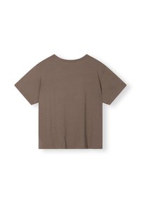 Brązowa, krótkosleeve koszulka. Miękka faktura, okrągły dekolt, casualowy design, brak widocznych wzorów czy detali, gładki widok z tyłu.