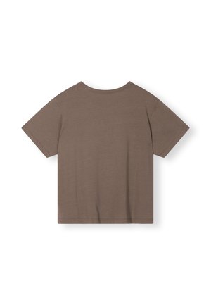T-shirt marrone a maniche corte. Texture morbida, scollatura tonda, design casual, senza motivi o dettagli visibili, vista posteriore semplice.