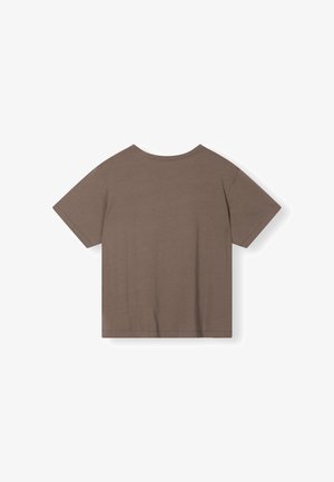 Braun, kurzärmliges T-Shirt. Weicher Stoff, runder Ausschnitt, lässiges Design, keine sichtbaren Muster oder Details, schlichte Rückansicht.