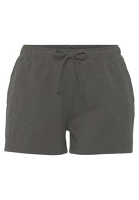 Graue Baumwollshorts mit elastischem Bund und Kordelzug. Glatte Textur, kurze Länge und keine sichtbaren Muster oder Akzente.