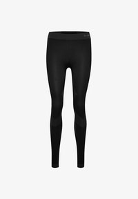 Leggings de compresión negros sin costuras con sutiles patrones texturizados en muslos y pantorrillas, cintura elástica, ajuste de longitud completa.