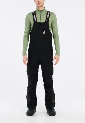 Schwarze Schneehosen mit verstellbaren Trägern, Frontreißverschluss und mehreren Taschen. Hergestellt aus strapazierfähigem Material mit einem eleganten Design.