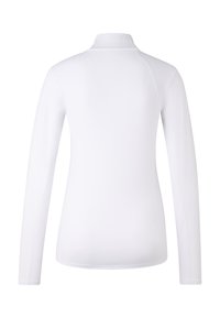 Weißes Langarm-Sportoberteil mit hohem Kragen, glatter Textur und taillierter Passform. Verfügt über Raglanärmel und keine sichtbaren Logos oder Muster.