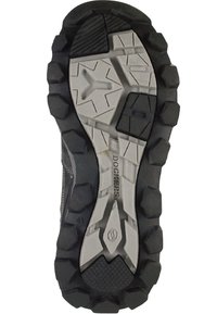 Black rubber sole with gray accents, featuring a rugged tread pattern and multiple textures for grip and stability. Embossed logo detail included.