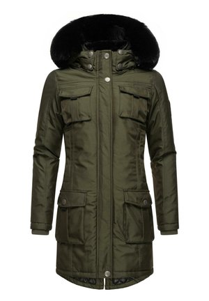 Olijfgroene parka met een zwarte nepbont gevoerde capuchon, voorzien van vier zijzakken en een ritssluiting met drukknoopdetails.
