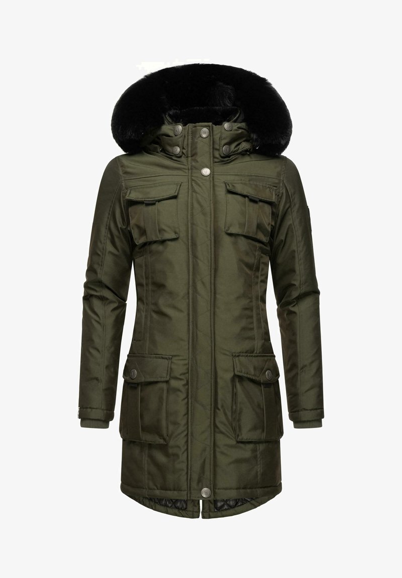 Olive green parka with a black faux fur-lined hood, featuring four front pockets and a zip closure with snap button detail.