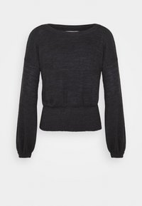 Black long-sleeve top with a round neckline. Features a smocked waistline and textured fabric, providing a relaxed fit.