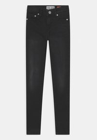 Sorte denim skinny jeans med en glat tekstur, der har knaplukning, to forlommer og subtile falmede detaljer.