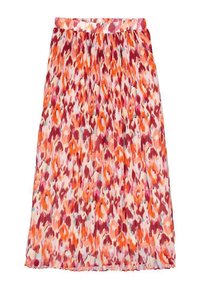 Gelaagde midi-rok in levendige kleuren van oranje, roze en wit met een bloemenpatroon. Voorzien van een aansluitende tailleband voor comfort.