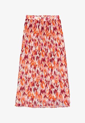 Gelaagde midi-rok in levendige kleuren van oranje, roze en wit met een bloemenpatroon. Voorzien van een aansluitende tailleband voor comfort.