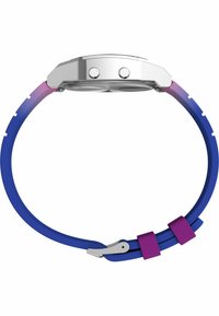 Cassa dell'orologio rotonda in argento con due pulsanti; cinturino in silicone viola e blu; finitura texturizzata con fibbia regolabile; design moderno.
