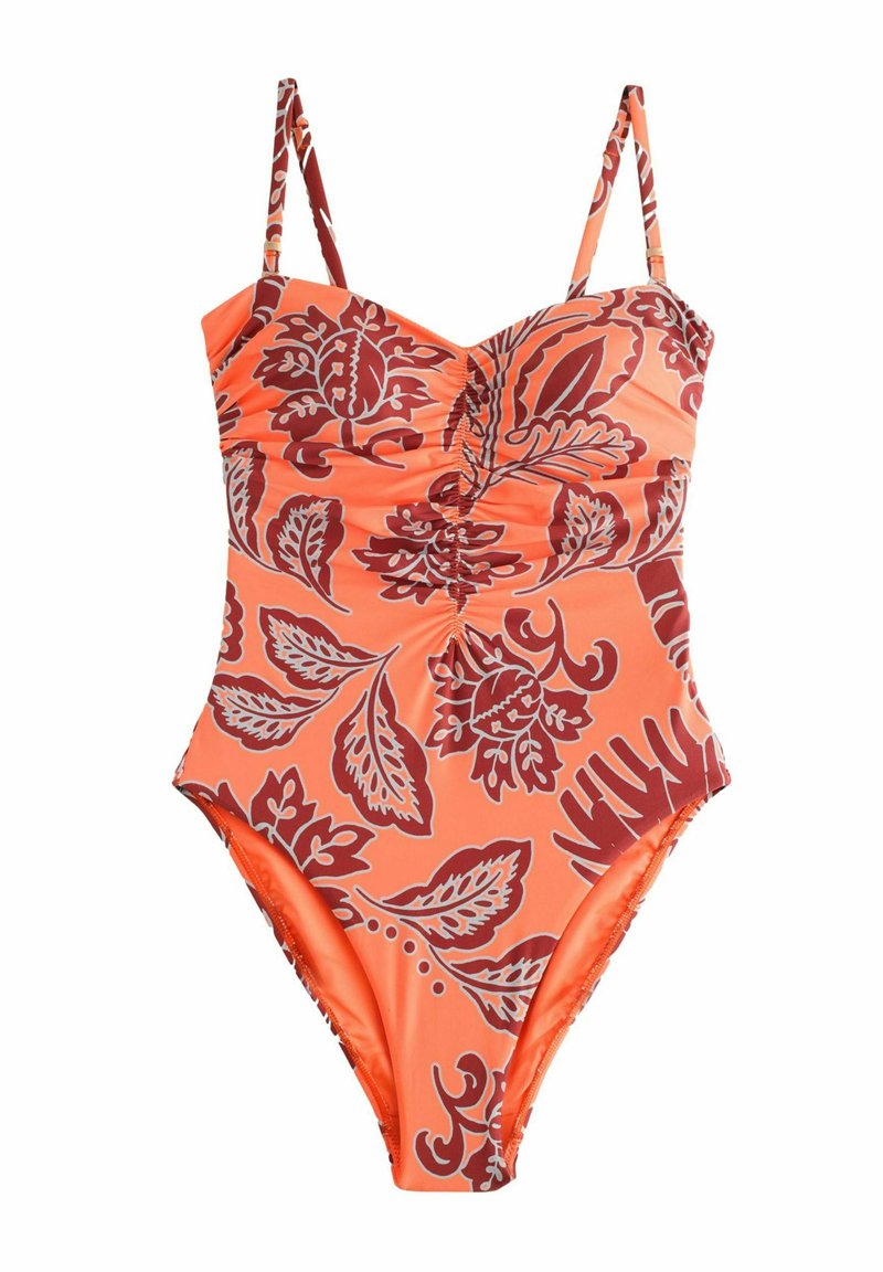 Costume intero di colore arancione brillante con motivo floreale bianco e maroon. Presenta spalline regolabili e un dettaglio arricciato sul seno.