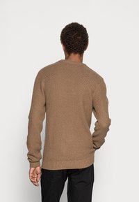 Maglione lavorato a maglia marrone con un motivo testurizzato, maniche lunghe, scollo a coste e polsini, indossato con pantaloni scuri. Visto da dietro.