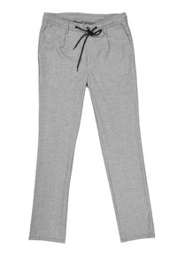 Graue Jogginghose aus weichem Material, mit einem elastischen Bund und Kordelzug, Seitentaschen und einem schmal zulaufenden Bein design.