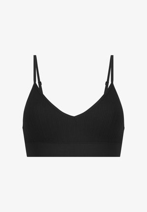 Zwarte geribde bralette met een V-hals ontwerp, verstelbare schouderbandjes en een brede onderband. Glad van textuur met een consistente stofstructuur.