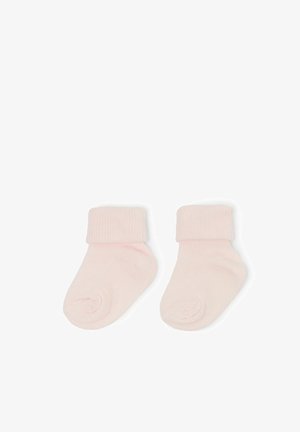 Helle rosa Baumwollsocken mit einem gerippten Bündchen, ausgestattet mit einem runden Zehendesign und einer weichen Textur. Geeignet für Säuglinge oder Kleinkinder.