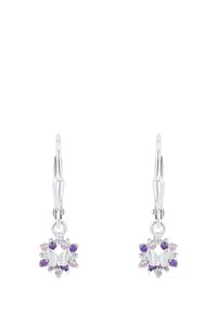 Orecchini a forma di farfalla in argento con accenti di pietre preziose viola e rosa, dotati di un design floreale e chiusura a lever-back.