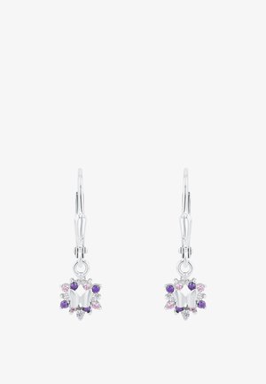 Srebrne kolczyki w kształcie motylków z akcentami w purpurowym i różowym kolorze, z kwiatowym wzorem i zapięciem na zatrzask.