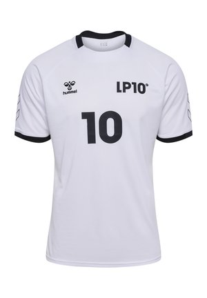 Witte sporttrui met zwarte accenten. Heeft een "LP10" logo en een grote "10" in zwart op de voorkant. Gemaakt van ademend materiaal, korte mouwen.