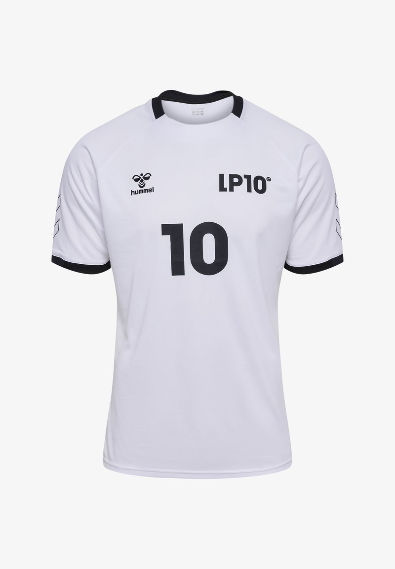 Hvid sports jersey med sorte accenter. Har "LP10" logo og stort "10" i sort på fronten. Lavet af åndbart stof, kortærmet.