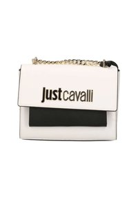 Borsa in pelle bianca e nera con chiusura a busta, tracolla in catena dorata e logo "justcavalli" in evidenza sul davanti.