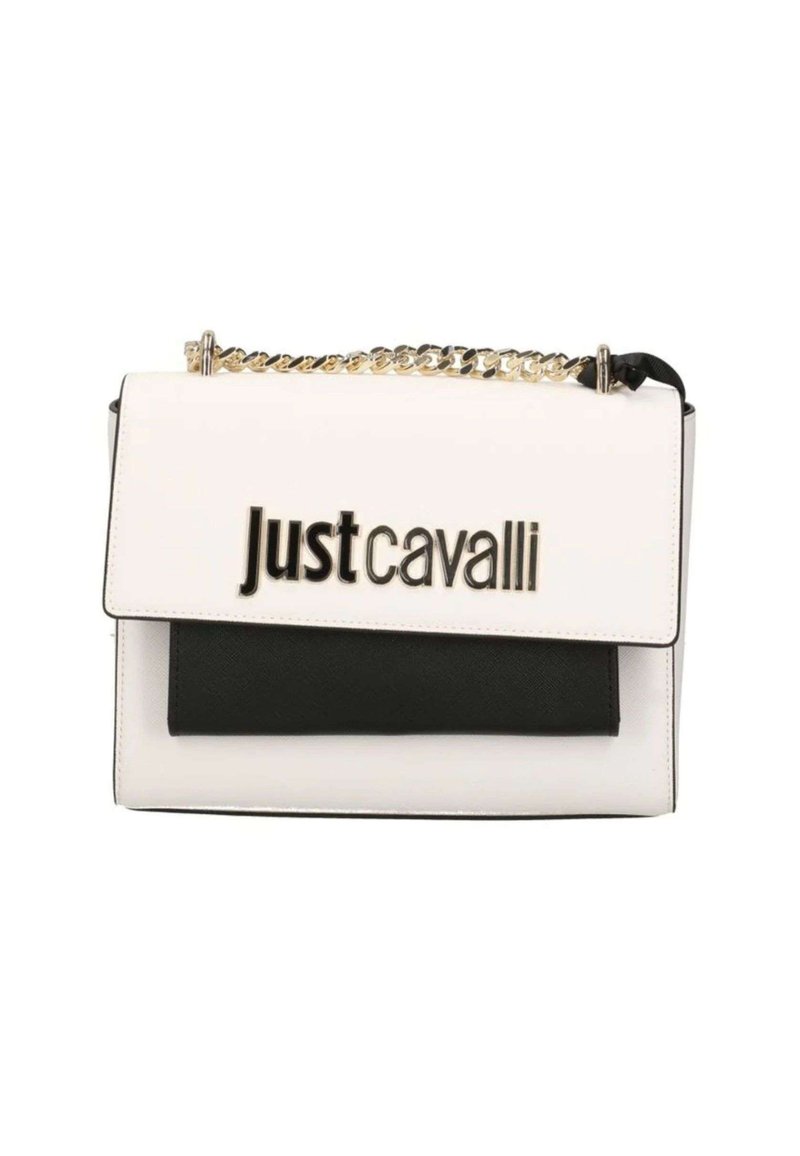 Borsa in pelle bianca e nera con chiusura a busta, tracolla in catena dorata e logo "justcavalli" in evidenza sul davanti.