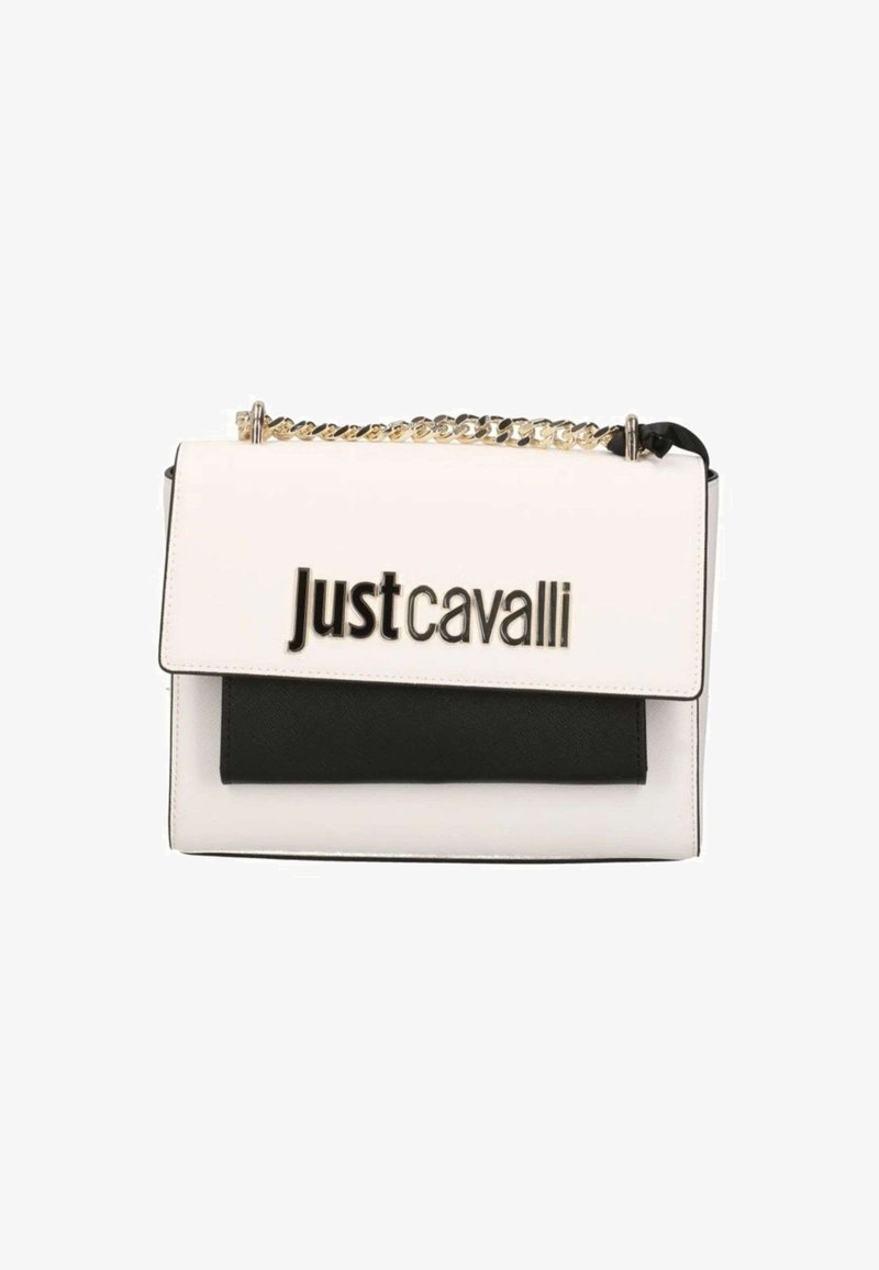 Borsa in pelle bianca e nera con chiusura a busta, tracolla in catena dorata e logo "justcavalli" in evidenza sul davanti.