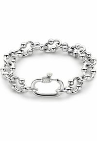 Bracciale in argento con sfere ovali e rotonde lisce interconnesse, chiuso con una clip decorata con un piccolo dettaglio scintillante.
