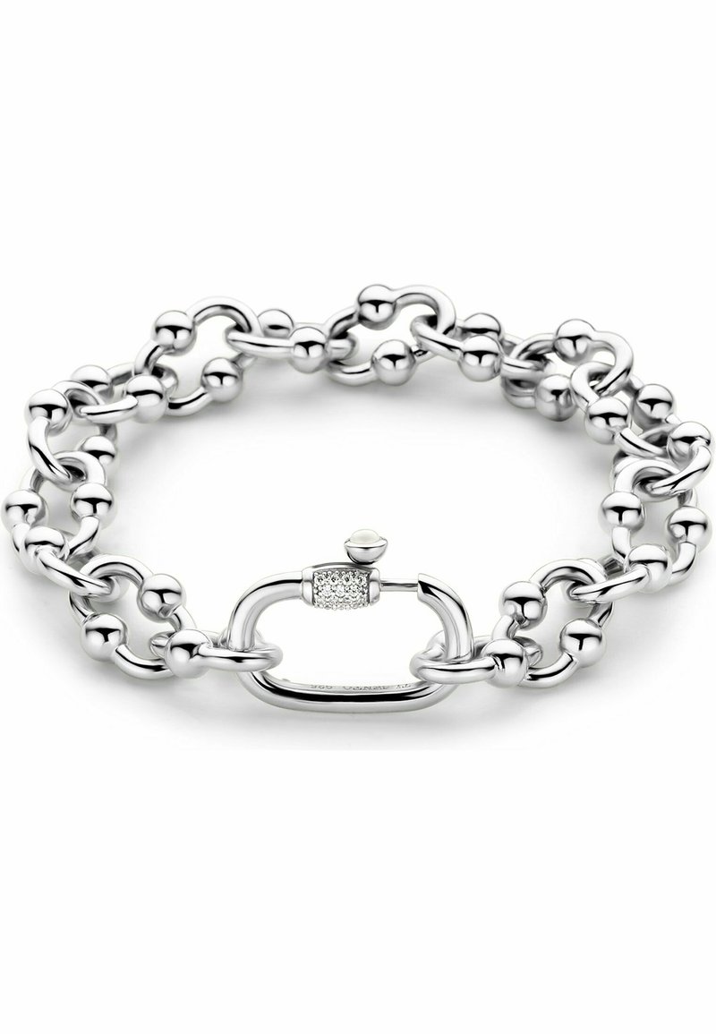 Bracciale in argento con sfere ovali e rotonde lisce interconnesse, chiuso con una clip decorata con un piccolo dettaglio scintillante.