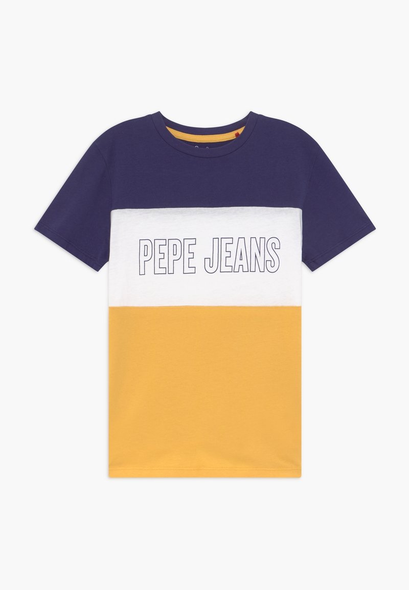 Tričko s krátkým rukávem s blokovým designem v námořnické modři, bílé a žluté barvě. Na přední straně je nápis "PEPE JEANS" tištěný tučným písmem. Materiál bavlna.