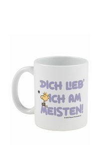 White ceramic mug featuring a cartoon bird and text in purple, stating "DICH LEB' ICH AM MEISTEN!" on one side. Simple, rounded shape.