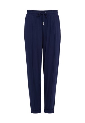 Pantalones azul marino con cintura elástica, cordón y puños enrollados. Hechos de una tela suave con un corte relajado y líneas limpias.