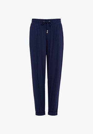 Marineblaue Hose mit einem elastischen Bund, Kordelzug und umgeschlagenen Säumen. Aus einem weichen Stoff gefertigt, mit lockerer Passform und klaren Linien.