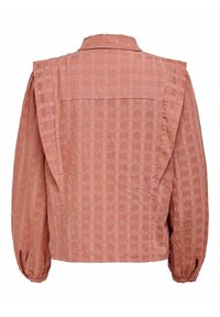 Camicia a maniche lunghe di colore ruggine, texturizzata, con un motivo a quadretti, pieghe sulle spalle e colletto classico. Dettagli con polsini elasticizzati.