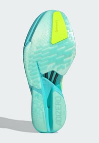 Light blue sneaker sole with textured grip, yellow accents, and a prominent "ADIZERO" logo. Features geometric patterns and flexible design.