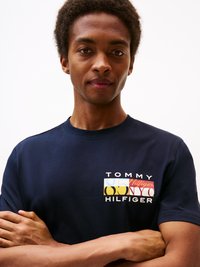 T-shirt en coton bleu marine avec un logo coloré représentant "TOMMY HILFIGER" et des formes abstraites. Col ras du cou et manches courtes.