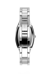 Silberner Edelstahlarmbanduhr mit rundem Gehäuse, polierter Oberfläche und verbundenem Armbanddesign, ausgestattet mit einem schwarzen Zifferblatt und minimalistischen Markierungen.